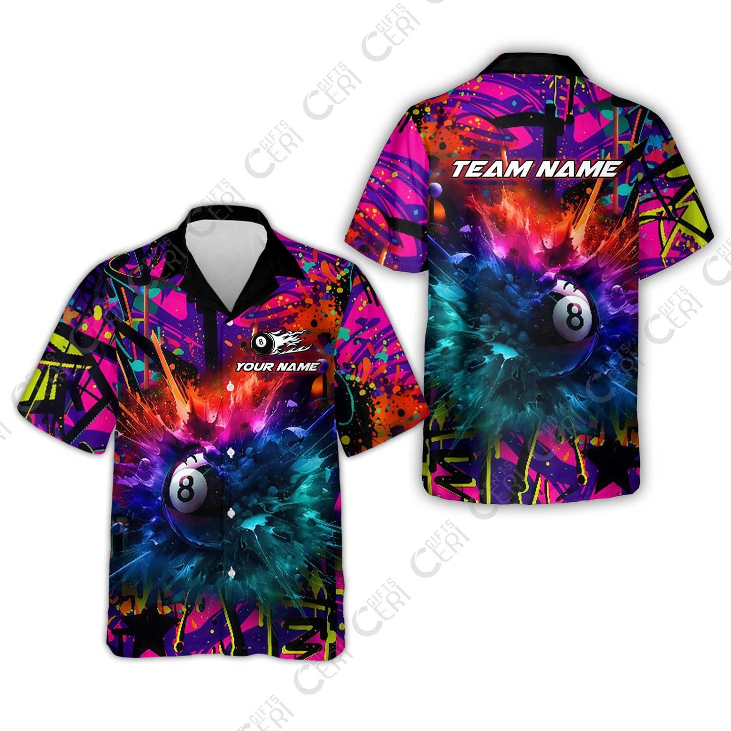 Customized Billiards Hawaiian Shirt, Personalized Neon Chaos 8 Ball Jersey Gift For Billiard Players