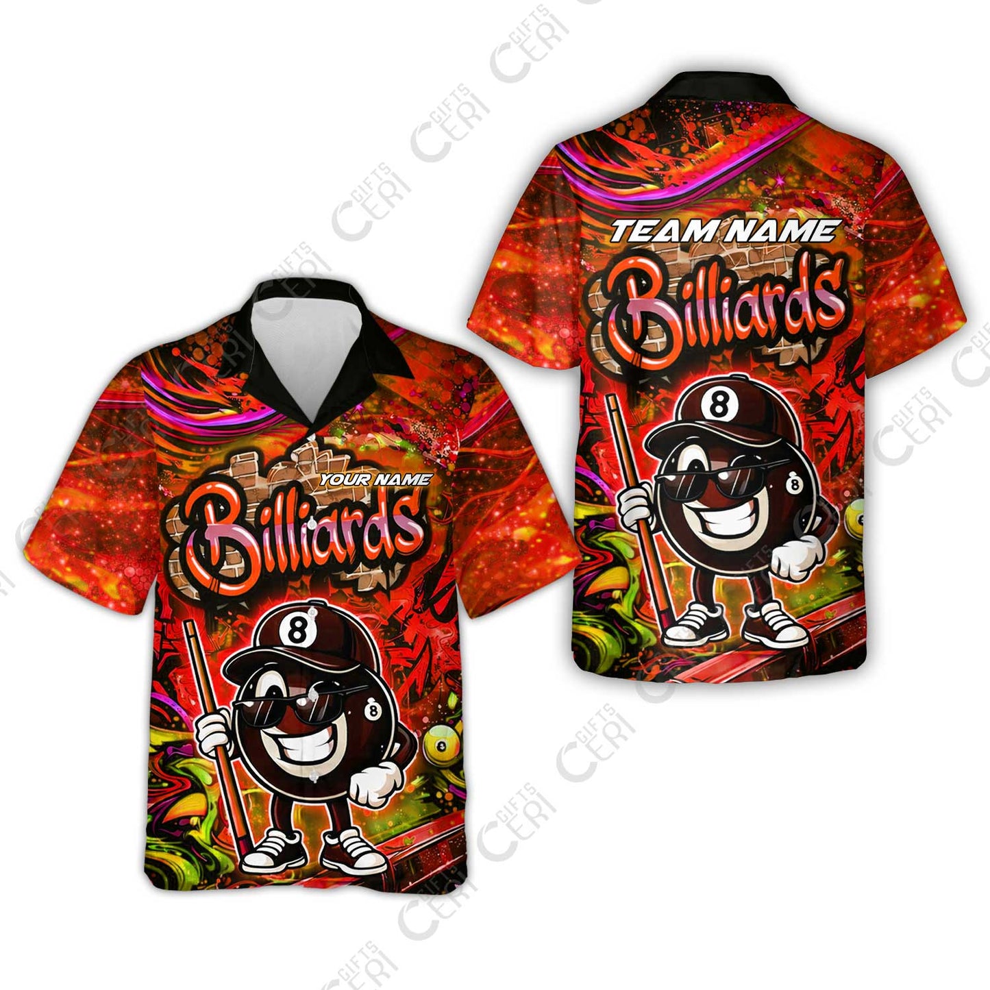 Customized Billiards Hawaiian Shirt, Personalized Street Graffiti 8 Ball Jersey Gift For Billiard Players