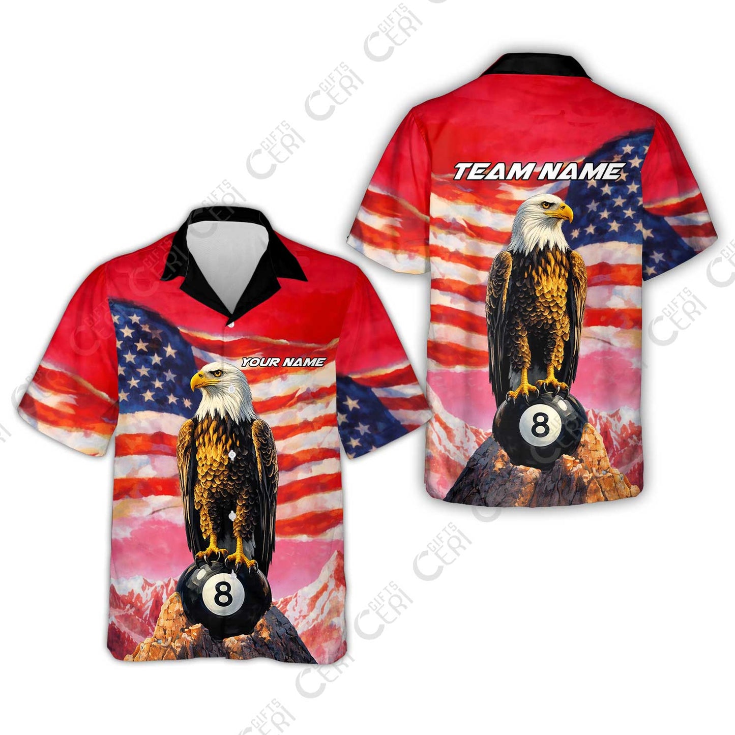 Customized Billiards Hawaiian Shirt, Personalized American Flag With Eagle 8 Ball Jersey Gift For Billiard Players