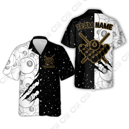 Customized Billiards Hawaiian Shirt, Triangle Rack Of Balls With Crossed Cue Sticks 8 Ball Pool Jersey