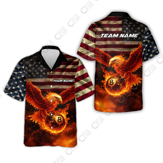 Customized 8 Ball Pool Hawaiian Shirt, Billiards 8-Ball American Flag Fire Eagle, Billiards Jerseys