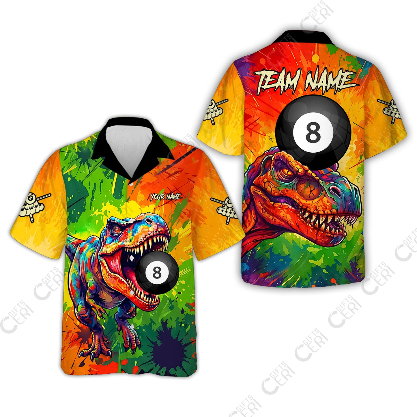Customized 8 Ball Pool Hawaiian Shirt, Dinosaur Colorful Splash Paint Billiard 8-Ball, Personalized Billiards Jersey