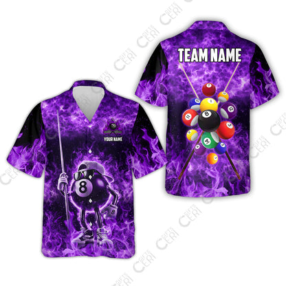 Customized 8 Ball Pool Hawaiian Shirt, 8-Ball Wearing Cap And Sunglasses Flaming Burn, Billiard Jerseys