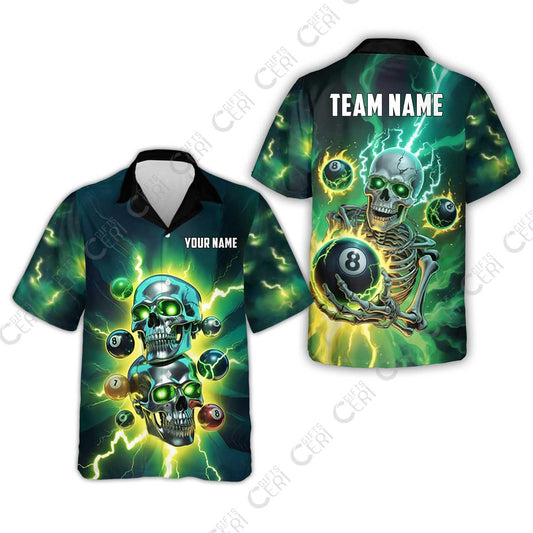 Customized 8 Ball Pool Hawaiian Shirt, Billiards 8-Ball Thunder Skull, Billiards Jerseys