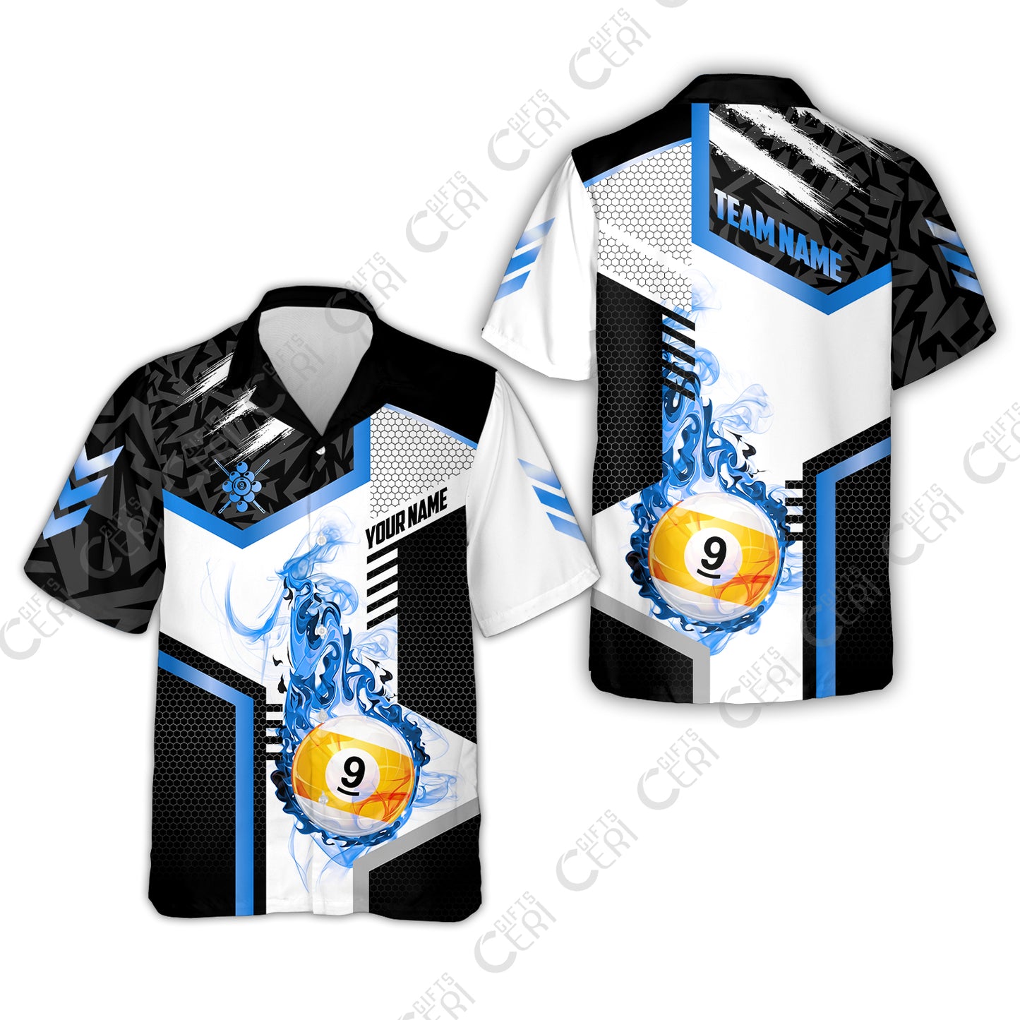 Customized 9 Ball Pool Hawaiian Shirt, Flaming 9-Ball Graphic, Billiards Jersey