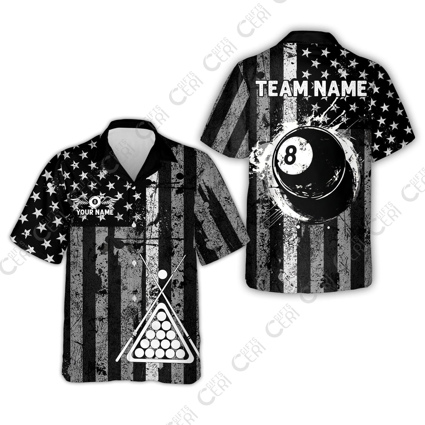 Customized 8 Ball Pool Hawaiian Shirt, Distressed American Flag Pattern, Billiards Jerseys