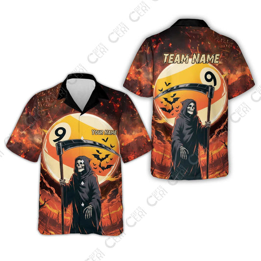 Customized Billiards Hawaiian Shirt, Personalized Halloween Grim Reaper Death Shot 9 Ball Jersey Gift For Billiard Players