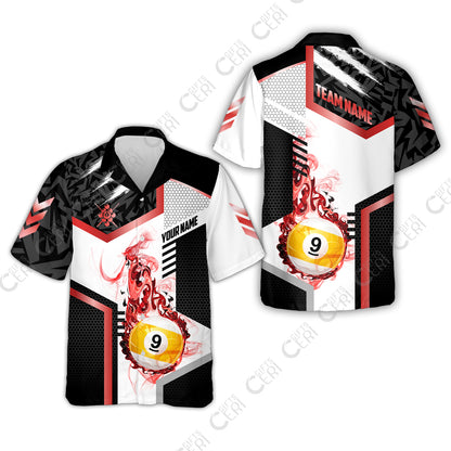 Customized 9 Ball Pool Hawaiian Shirt, Flaming 9-Ball Graphic, Billiards Jersey