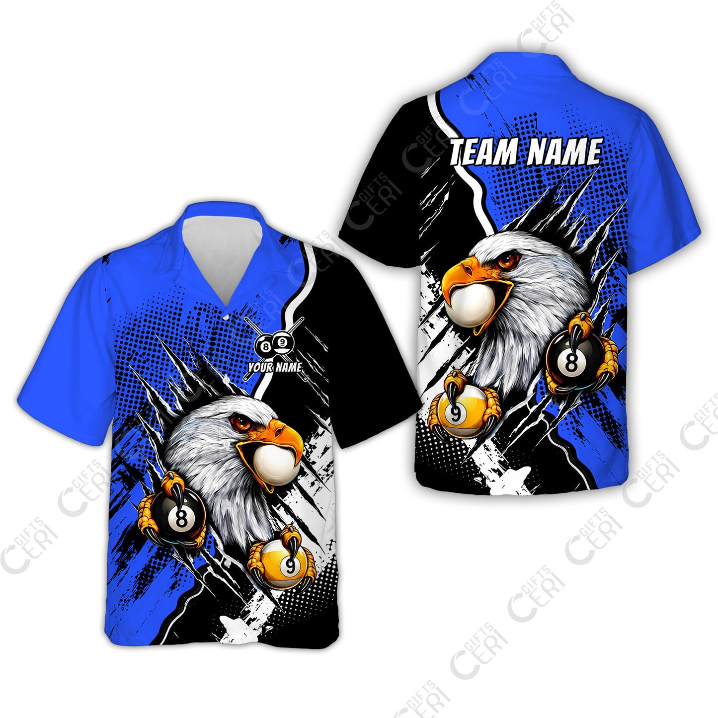 Customized Billiards Hawaiian Shirt, 8 & 9 Ball Billiard Eagle Comic Dot Halftone Background Color, Billiards Jerseys
