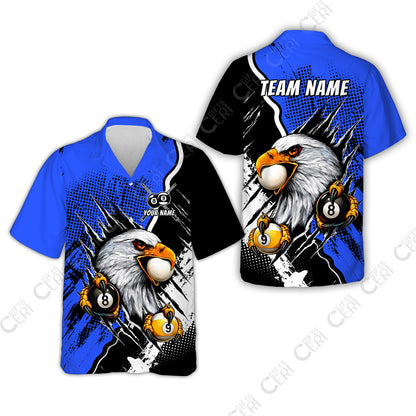Customized Billiards Hawaiian Shirt, 8 & 9 Ball Billiard Eagle Comic Dot Halftone Background Color, Billiards Jerseys