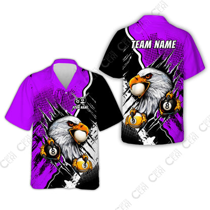 Customized Billiards Hawaiian Shirt, 8 & 9 Ball Billiard Eagle Comic Dot Halftone Background Color, Billiards Jerseys