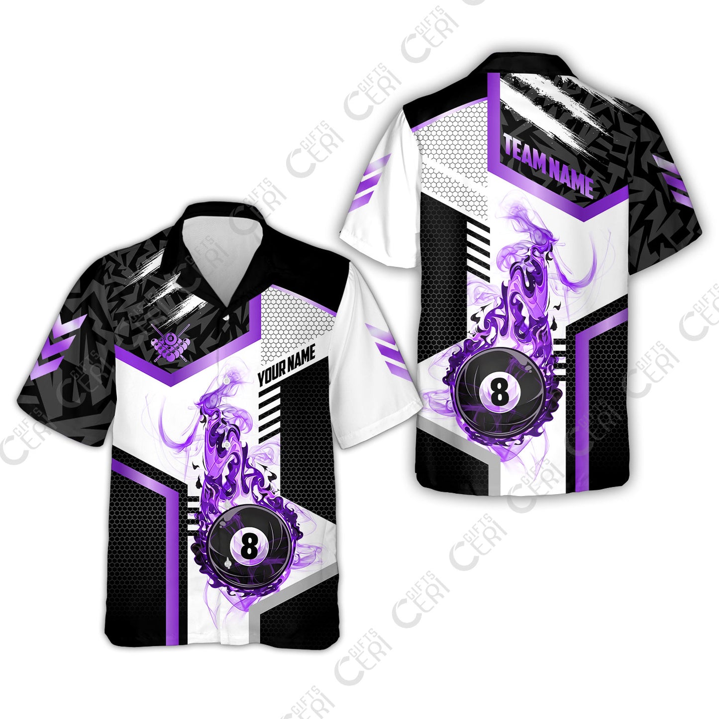 Customized Billiards Hawaiian Shirt, Flaming 8-Ball Graphic, 8 Ball Pool Jersey