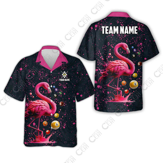 Customized 9 Ball Pool Hawaiian Shirt, Flamingo Pink Splat Billiard 9-Ball, Billiards Jersey