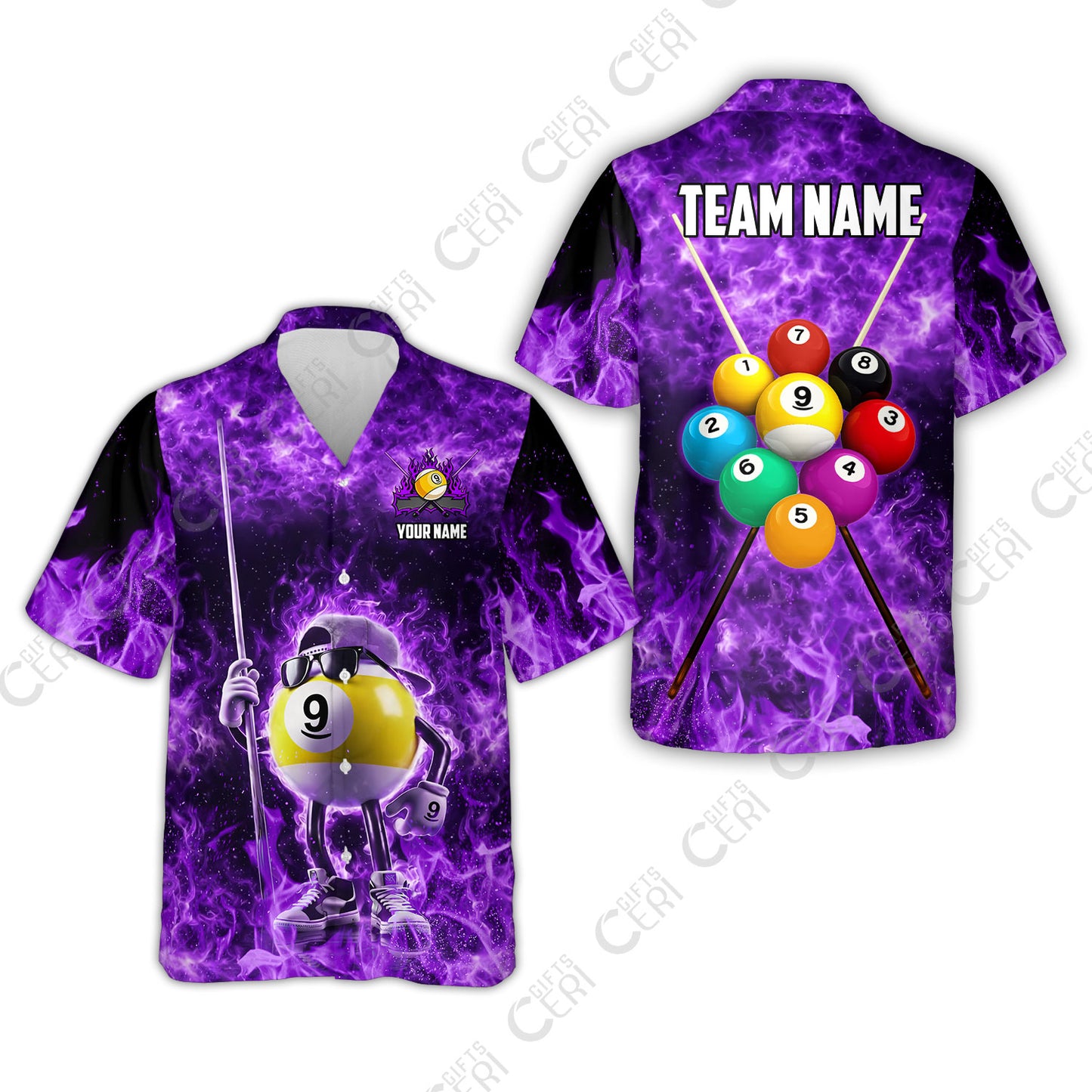 Customized 9 Ball Pool Hawaiian Shirt, 9-Ball Wearing Cap And Sunglasses Flaming Burn, Billiard Jerseys