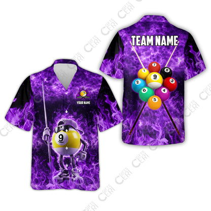 Customized 9 Ball Pool Hawaiian Shirt, 9-Ball Wearing Cap And Sunglasses Flaming Burn, Billiard Jerseys