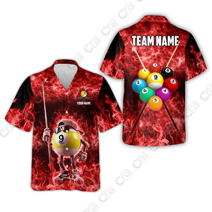 Customized 9 Ball Pool Hawaiian Shirt, 9-Ball Wearing Cap And Sunglasses Flaming Burn, Billiard Jerseys