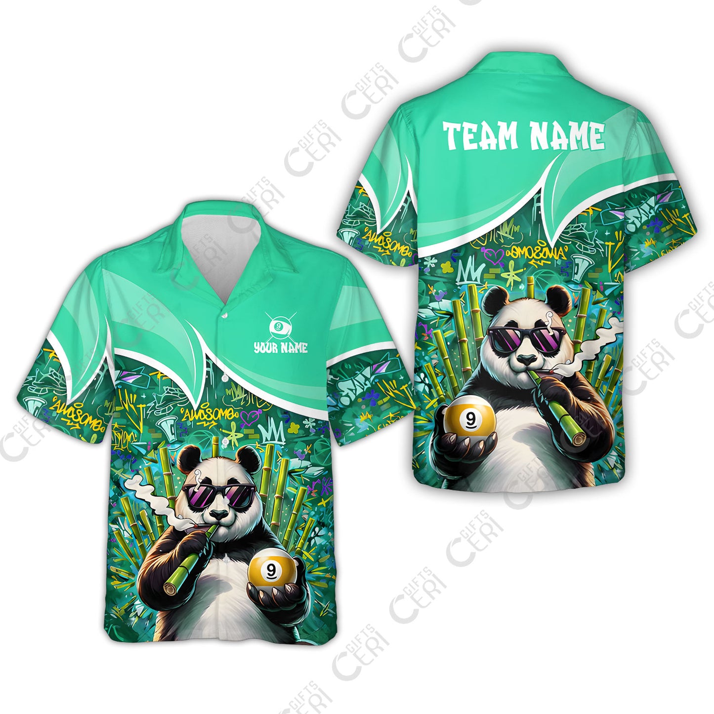 Customized 9 Ball Pool Hawaiian Shirt, 9-Ball Panda Bamboo Billiards, Billiards Jerseys