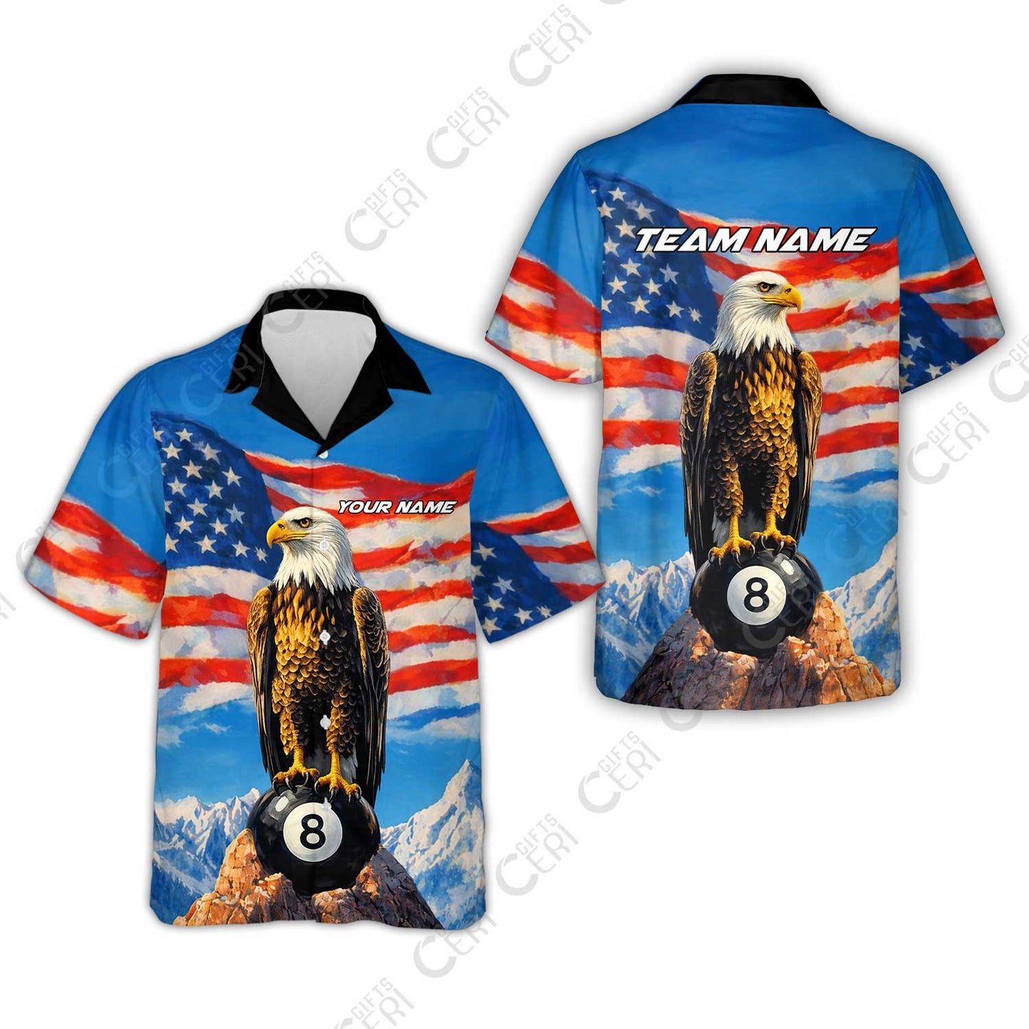 Customized Billiards Hawaiian Shirt, Personalized American Flag With Eagle 8 Ball Jersey Gift For Billiard Players