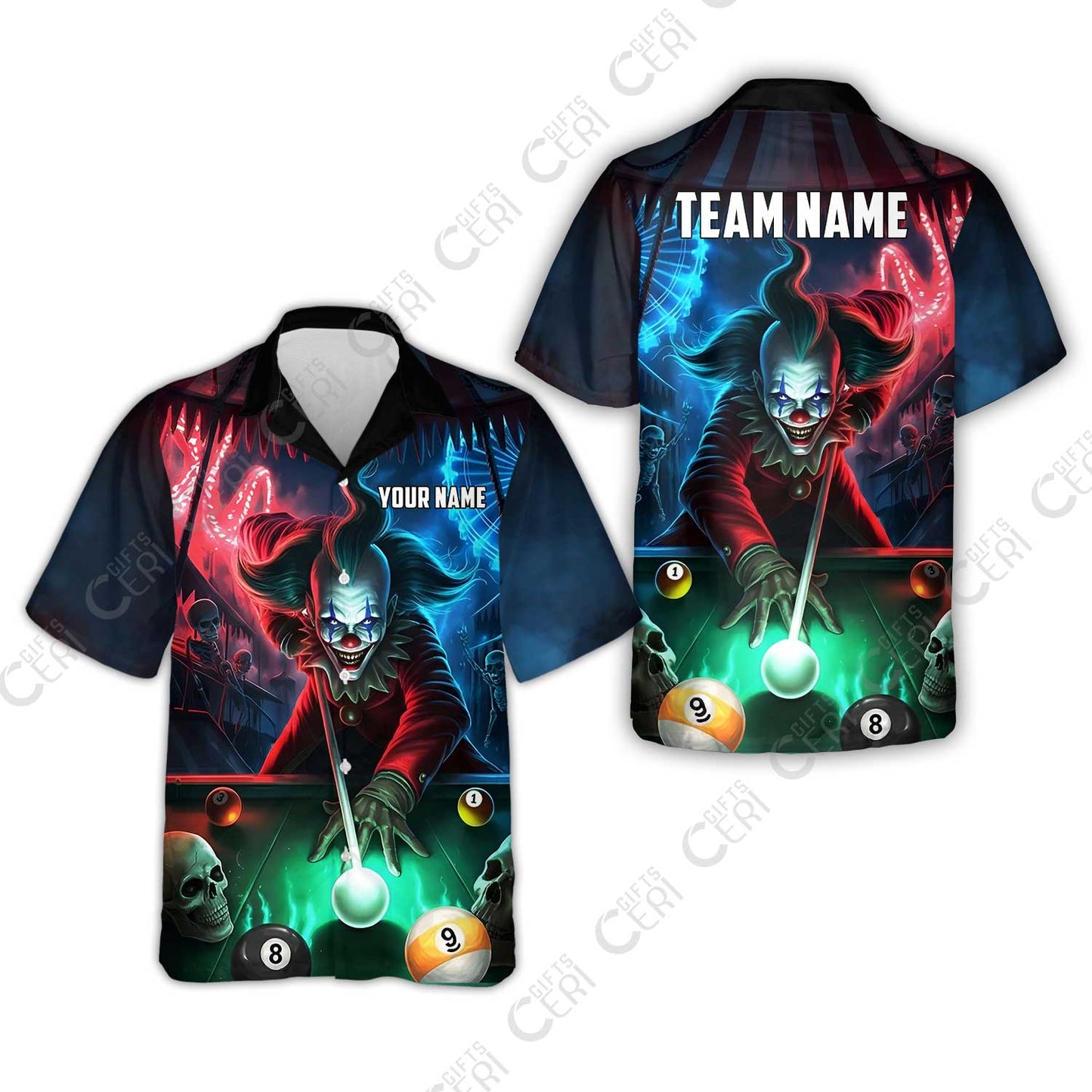 Customized Billiards Hawaiian Shirt, 8 & 9 Ball Pool Nightmare Billiards Clown Jersey, Billiards Jerseys