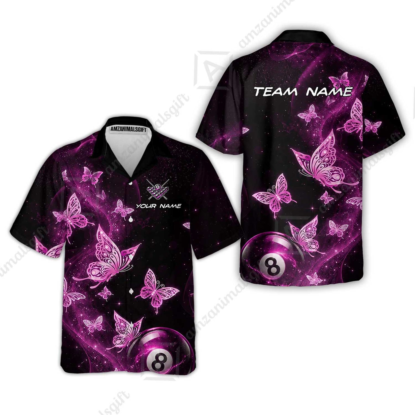 Customized 8 Ball Pool Hawaiian Shirt, Galaxy And Butterflies, Personalized Billiards Jersey