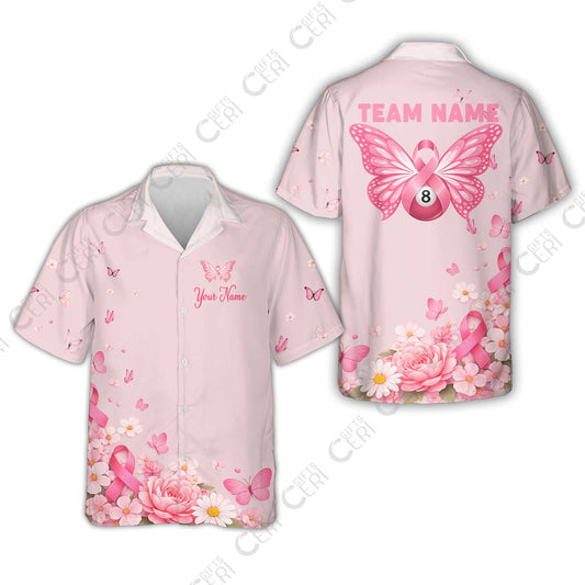 Customized 8 Ball Pool Hawaiian Shirt, Floral Butterfly Billiards 8-Ball, Personalized Billiards Jersey