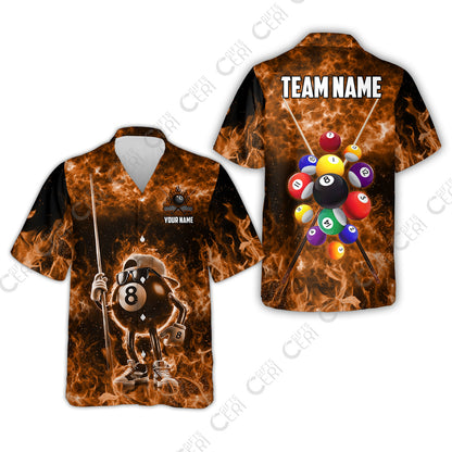 Customized 8 Ball Pool Hawaiian Shirt, 8-Ball Wearing Cap And Sunglasses Flaming Burn, Billiard Jerseys