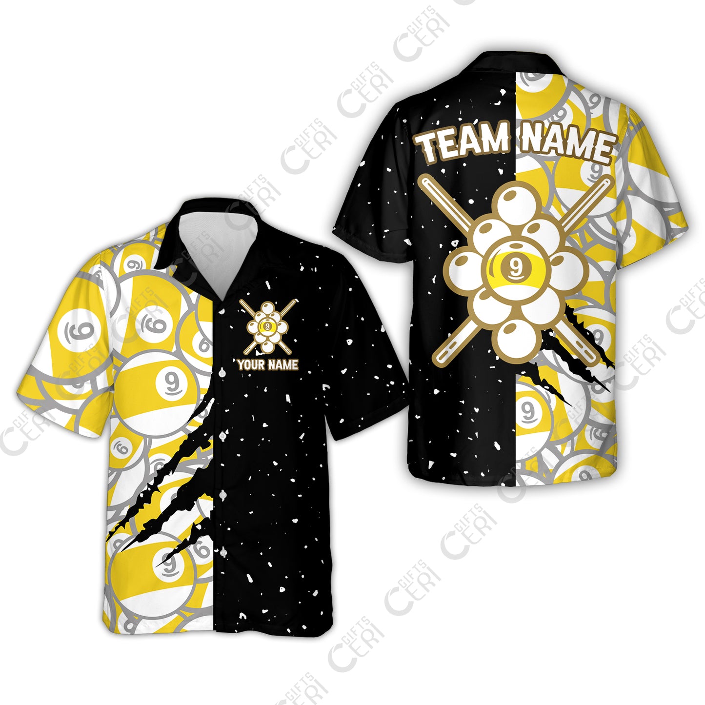 Customized Billiards Hawaiian Shirt, Splatter And Claw-Mark Effects 9 Ball Jersey