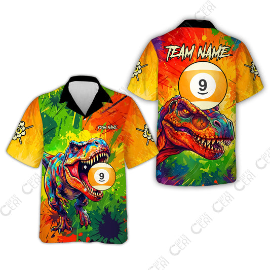 Customized 9 Ball Pool Hawaiian Shirt, Dinosaur Colorful Splash Paint Billiard 9-Ball, Personalized Billiards Jersey