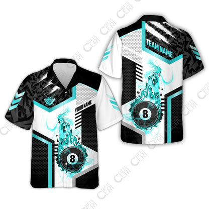 Customized Billiards Hawaiian Shirt, Flaming 8-Ball Graphic, 8 Ball Pool Jersey