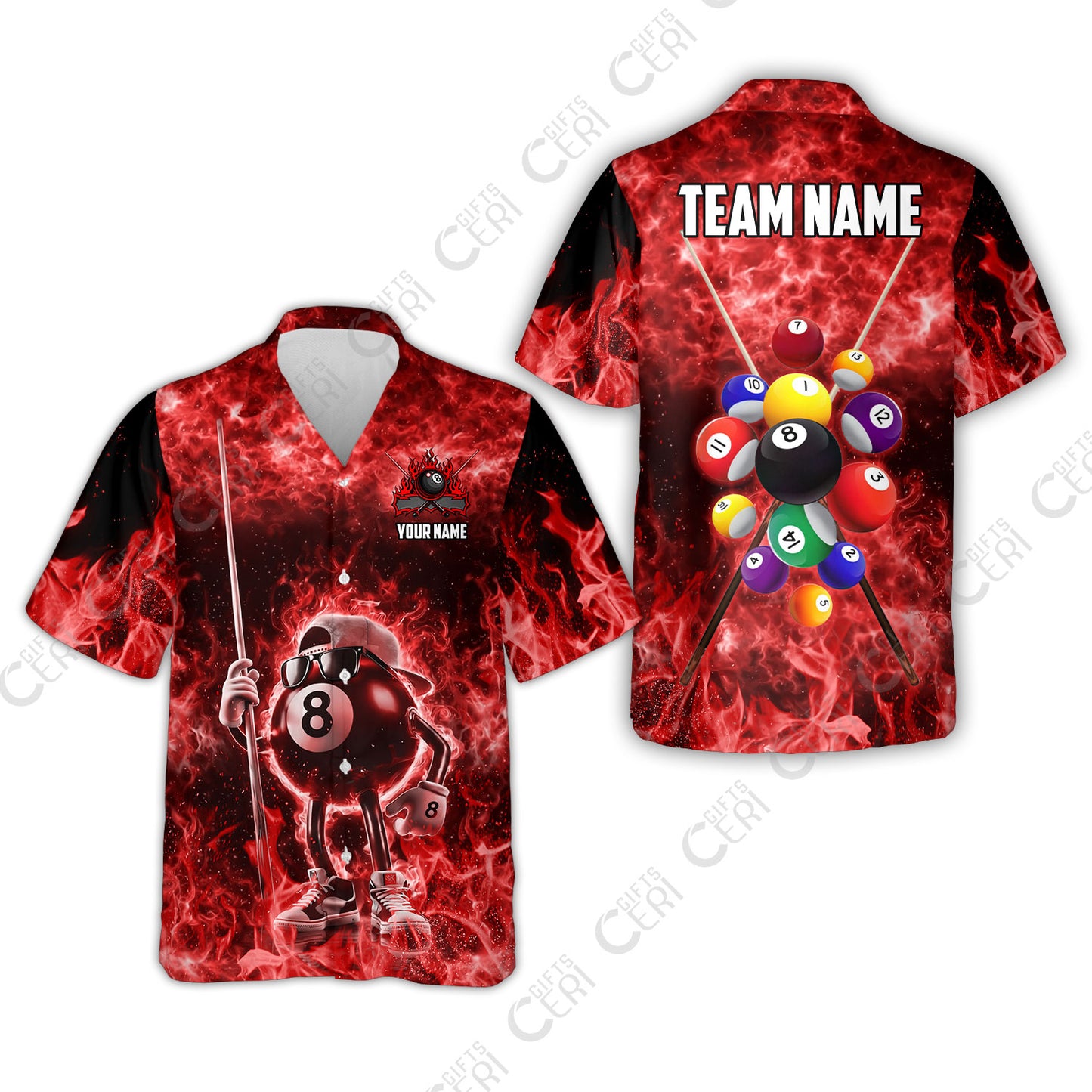 Customized 8 Ball Pool Hawaiian Shirt, 8-Ball Wearing Cap And Sunglasses Flaming Burn, Billiard Jerseys