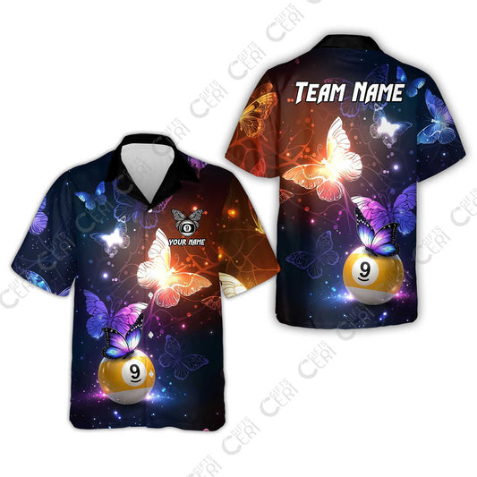 Customized 9 Ball Pool Hawaiian Shirt, Brush Paint Billiard Butterfly Sparkle 9-Ball, Personalized Billiards Jersey