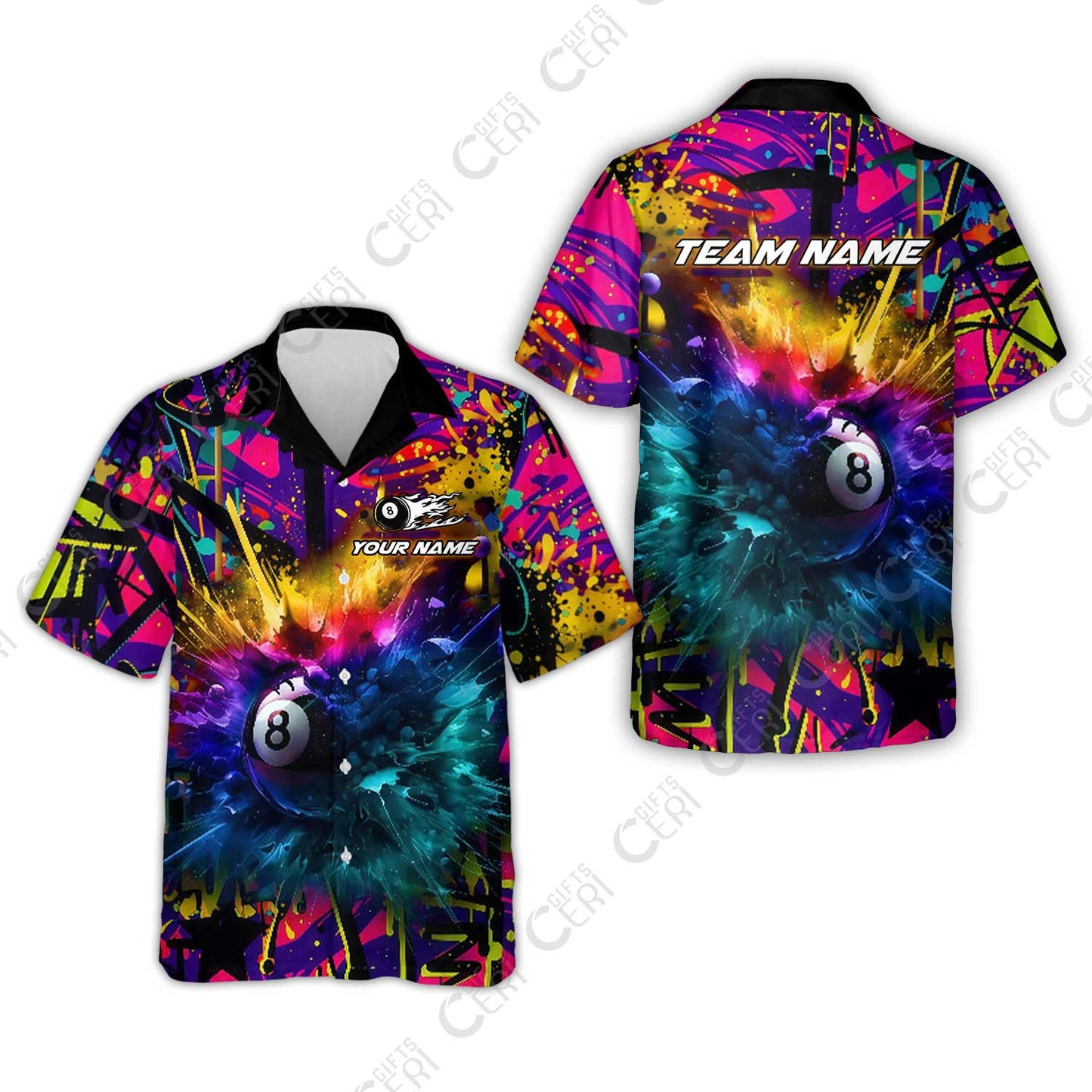 Customized Billiards Hawaiian Shirt, Personalized Neon Chaos 8 Ball Jersey Gift For Billiard Players