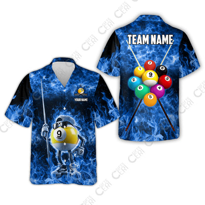 Customized 9 Ball Pool Hawaiian Shirt, 9-Ball Wearing Cap And Sunglasses Flaming Burn, Billiard Jerseys