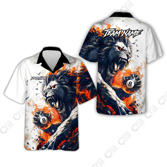 Customized 8 Ball Pool Hawaiian Shirt, Lion Fire Lava 8-Ball, Personalized Billiards Jersey