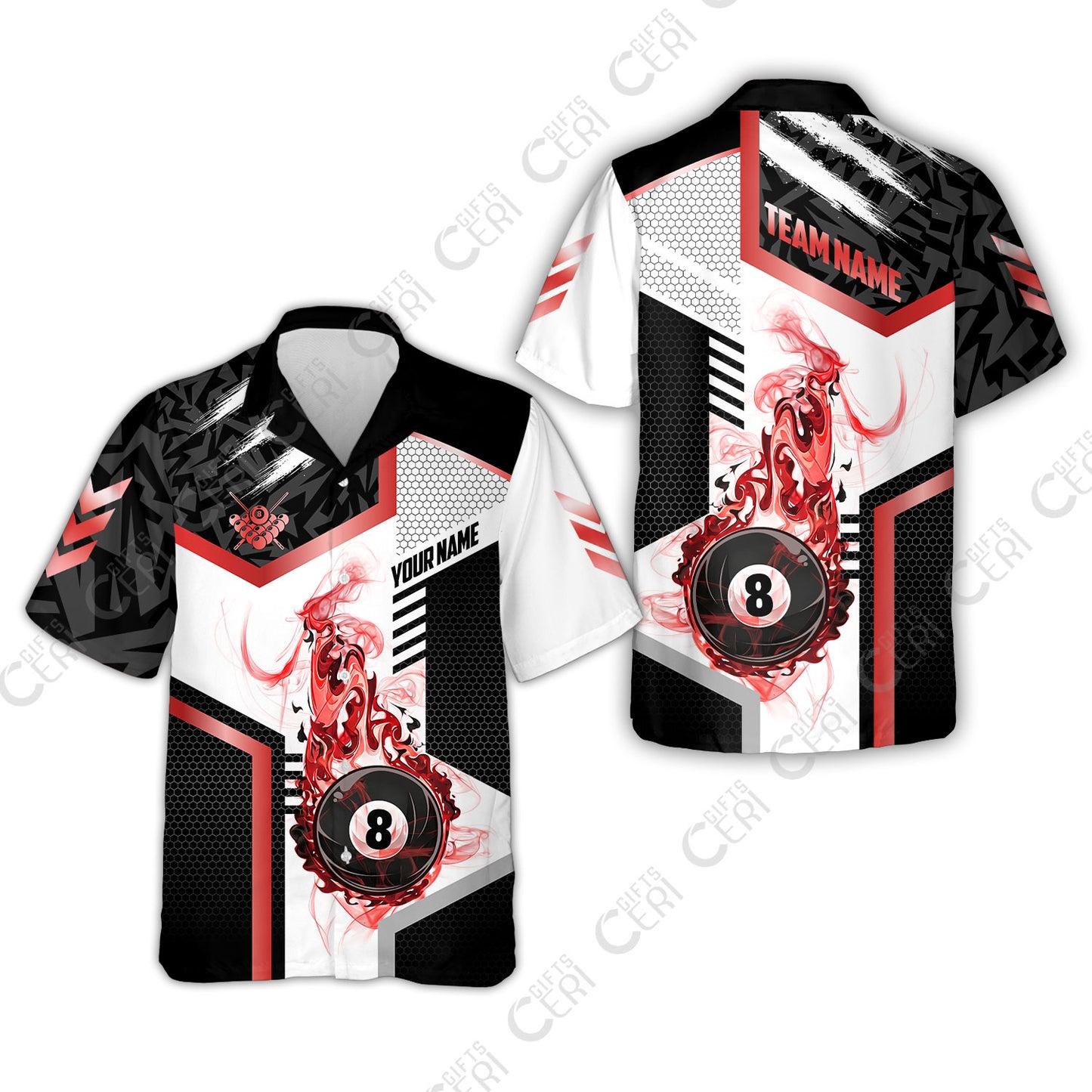 Customized Billiards Hawaiian Shirt, Flaming 8-Ball Graphic, 8 Ball Pool Jersey