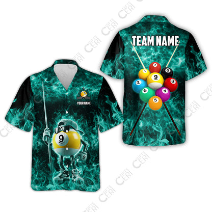 Customized 9 Ball Pool Hawaiian Shirt, 9-Ball Wearing Cap And Sunglasses Flaming Burn, Billiard Jerseys
