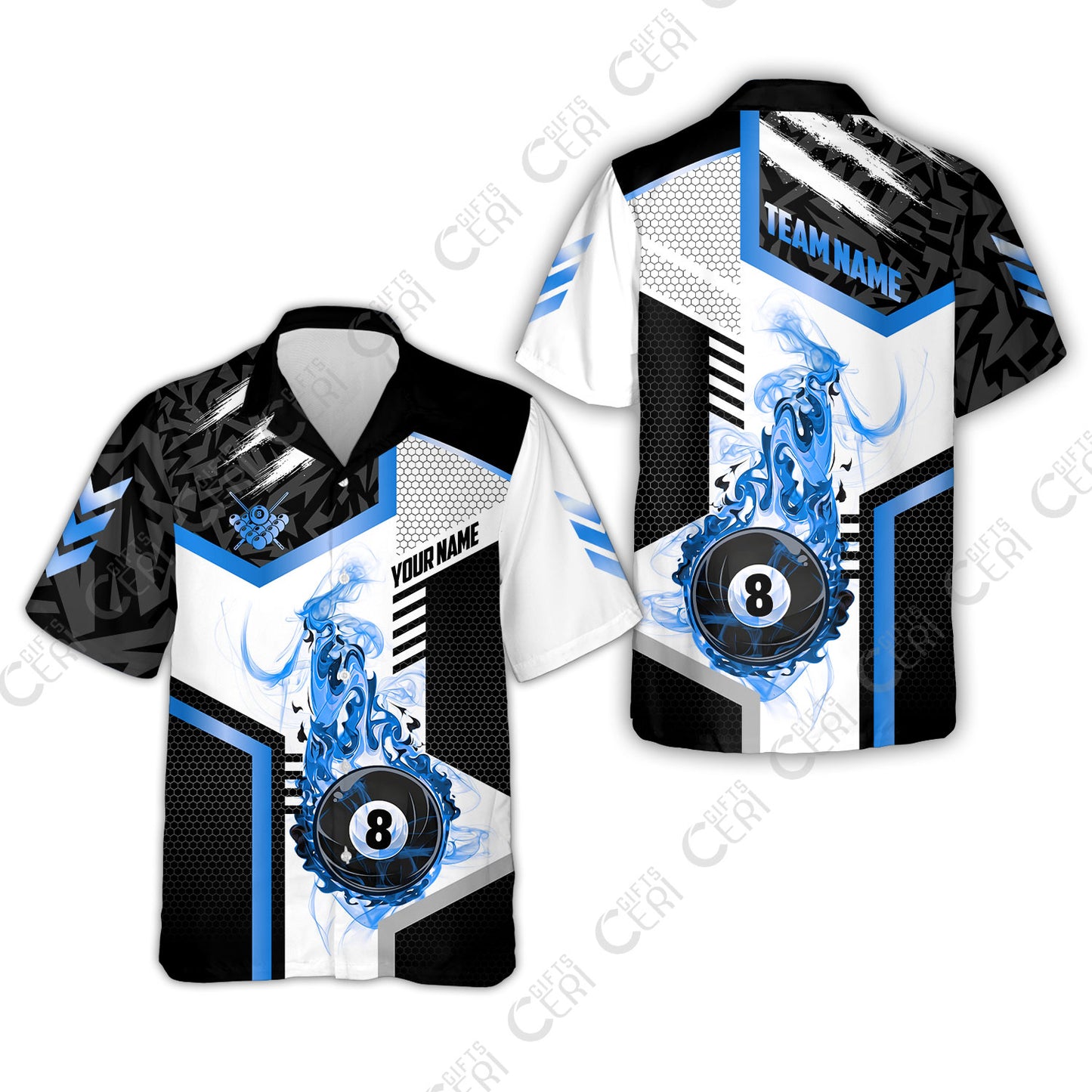Customized Billiards Hawaiian Shirt, Flaming 8-Ball Graphic, 8 Ball Pool Jersey