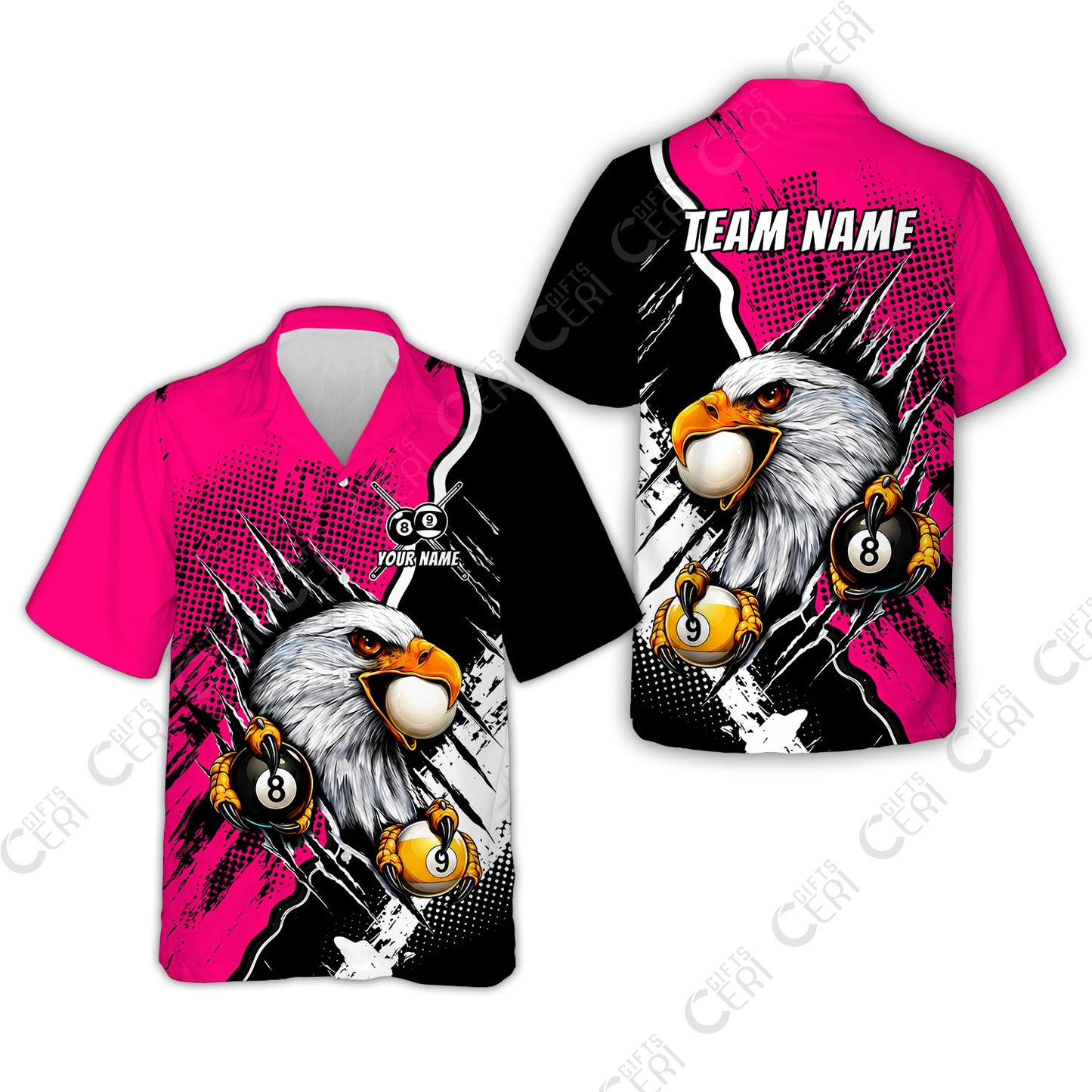Customized Billiards Hawaiian Shirt, 8 & 9 Ball Billiard Eagle Comic Dot Halftone Background Color, Billiards Jerseys