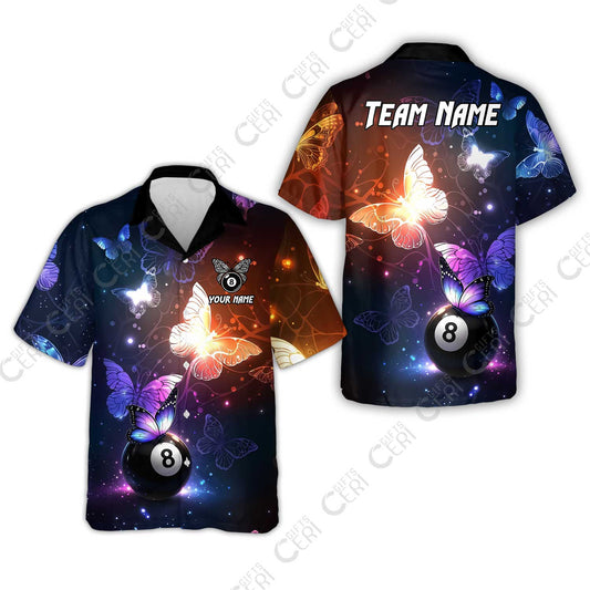 Customized 8 Ball Pool Hawaiian Shirt, Billiard Butterfly Sparkle 8-Ball, Personalized Billiards Jersey