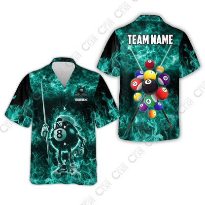 Customized 8 Ball Pool Hawaiian Shirt, 8-Ball Wearing Cap And Sunglasses Flaming Burn, Billiard Jerseys