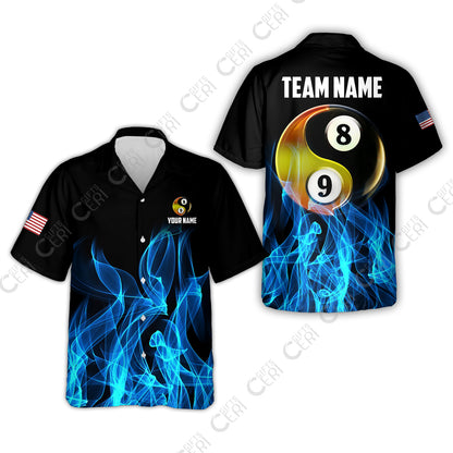 Customized Billiard Hawaiian Shirt, Billiard 8-Ball And 9-Ball Yin-Yang Flame, Billiard Jerseys
