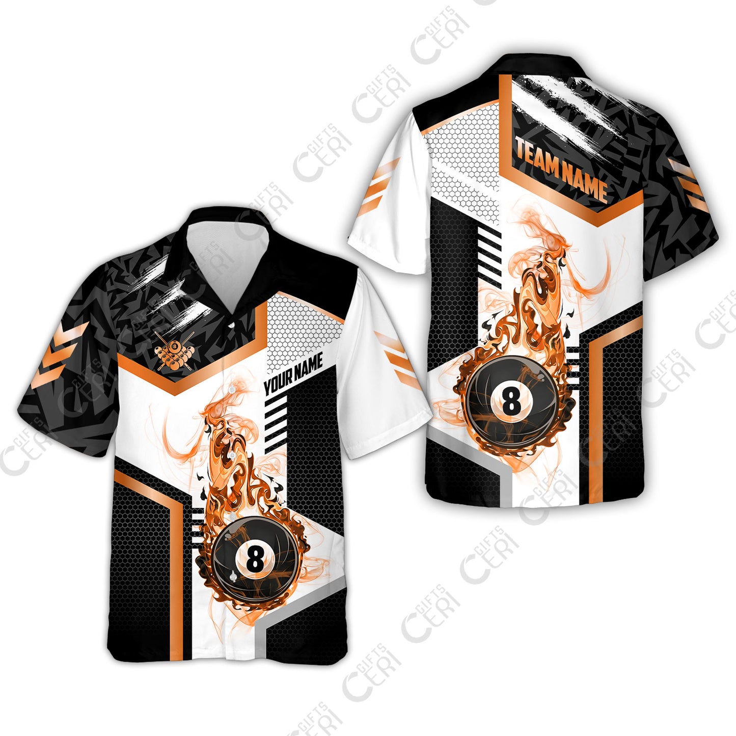 Customized Billiards Hawaiian Shirt, Flaming 8-Ball Graphic, 8 Ball Pool Jersey