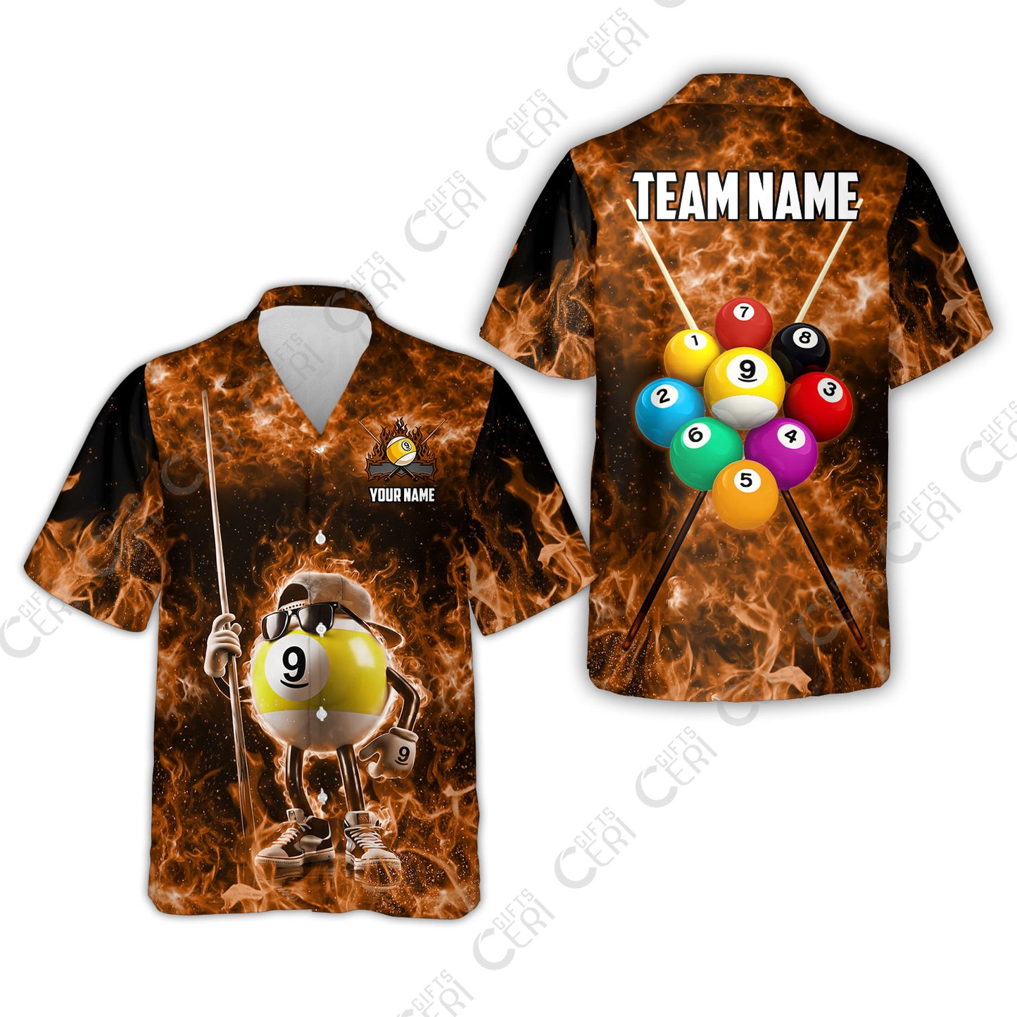 Customized 9 Ball Pool Hawaiian Shirt, 9-Ball Wearing Cap And Sunglasses Flaming Burn, Billiard Jerseys