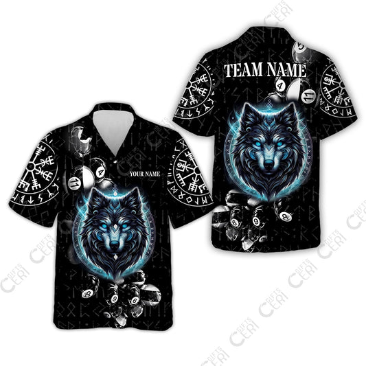 Customized Billiards Hawaiian Shirt, Wolf Runic Viking Black Grunge Alphabet, Billiards Jerseys