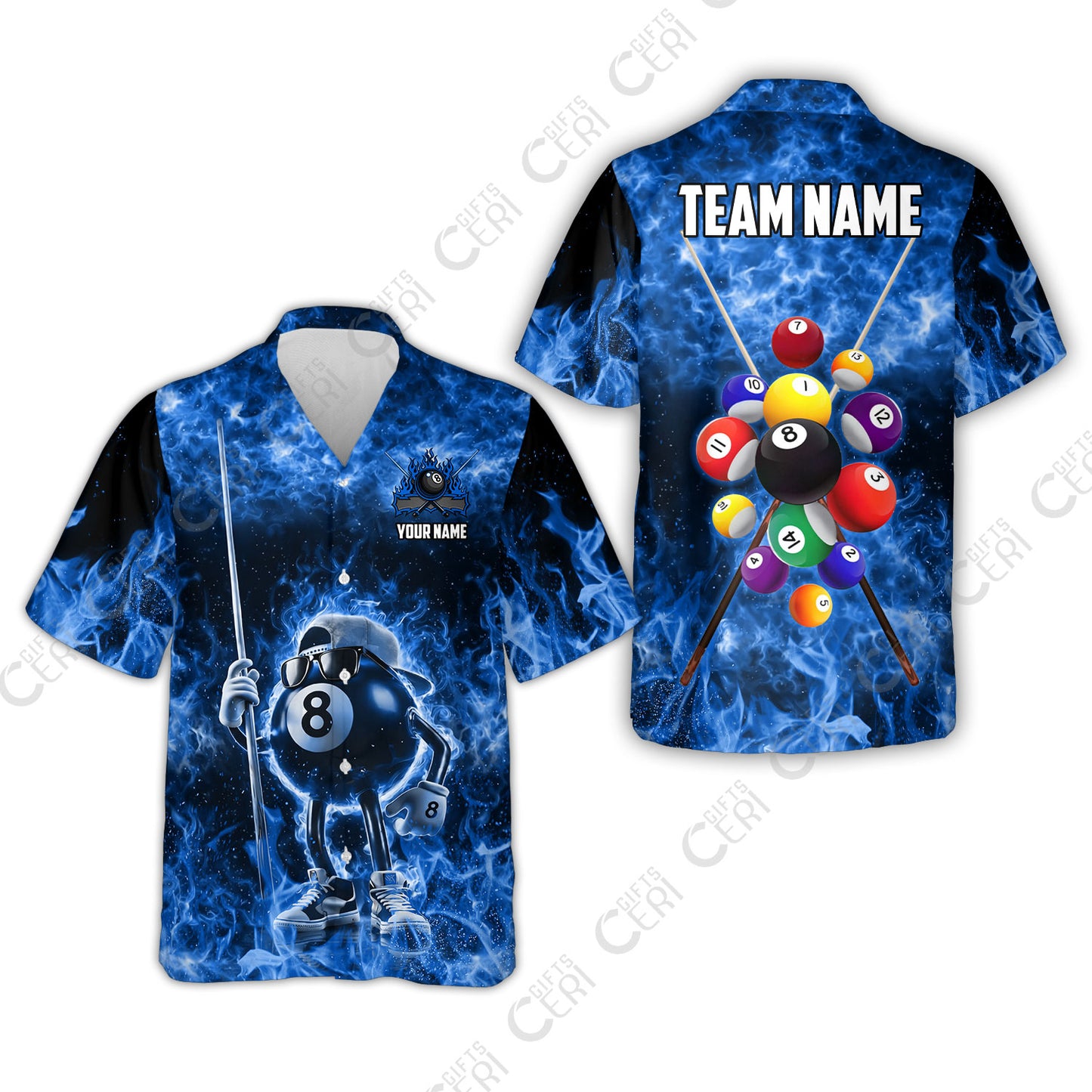 Customized 8 Ball Pool Hawaiian Shirt, 8-Ball Wearing Cap And Sunglasses Flaming Burn, Billiard Jerseys