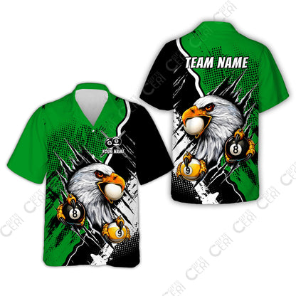 Customized Billiards Hawaiian Shirt, 8 & 9 Ball Billiard Eagle Comic Dot Halftone Background Color, Billiards Jerseys