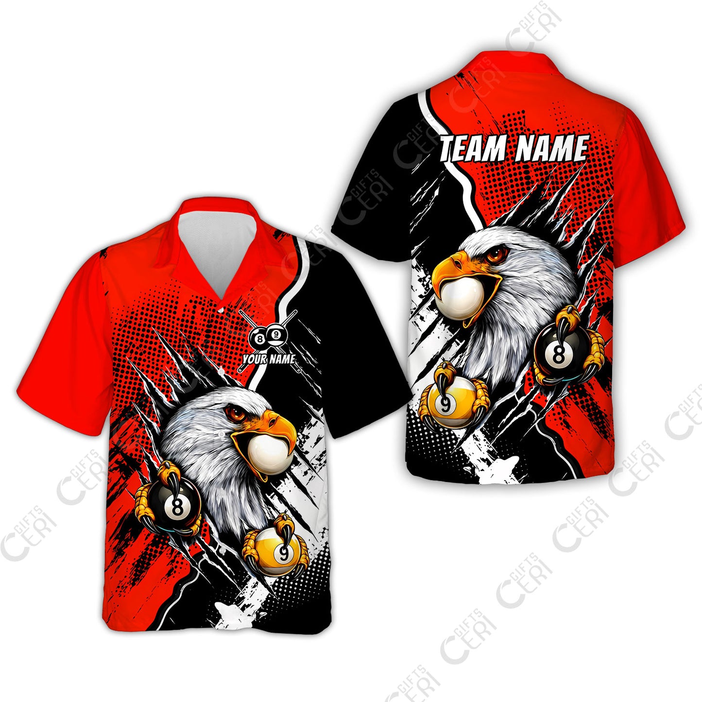 Customized Billiards Hawaiian Shirt, 8 & 9 Ball Billiard Eagle Comic Dot Halftone Background Color, Billiards Jerseys