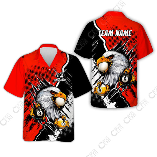 Customized Billiards Hawaiian Shirt, 8 & 9 Ball Billiard Eagle Comic Dot Halftone Background Color, Billiards Jerseys