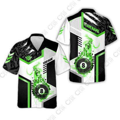 Customized Billiards Hawaiian Shirt, Flaming 8-Ball Graphic, 8 Ball Pool Jersey