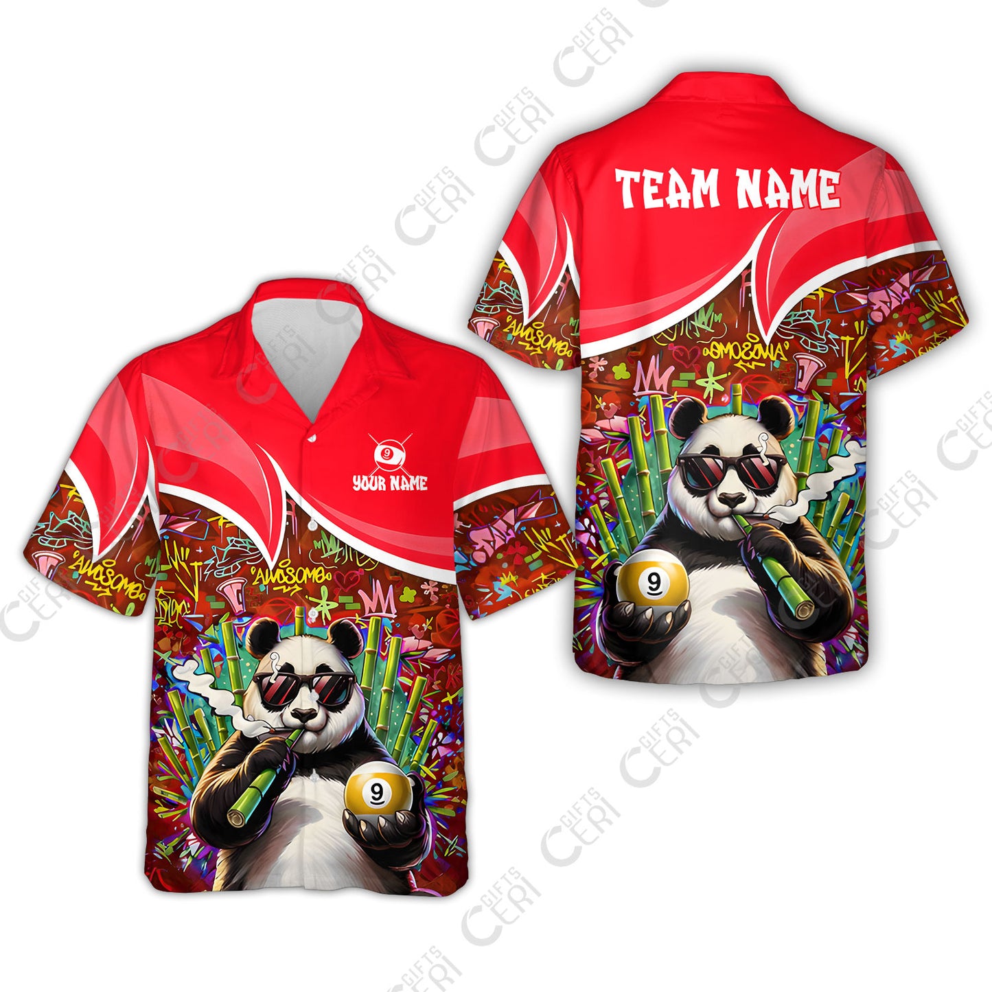 Customized 9 Ball Pool Hawaiian Shirt, 9-Ball Panda Bamboo Billiards, Billiards Jerseys